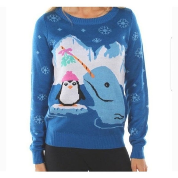 Tipsy Elves Narwhal Penguin Blue Ugly Mistle Toe Christmas Sweater size Medium - Picture 1 of 9